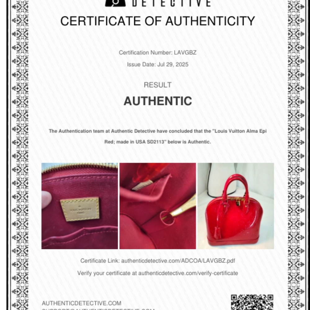 LOUIS VUITTON Vernis Red Patent Leather Alma PM Handbag COA - Picture 16 of 16